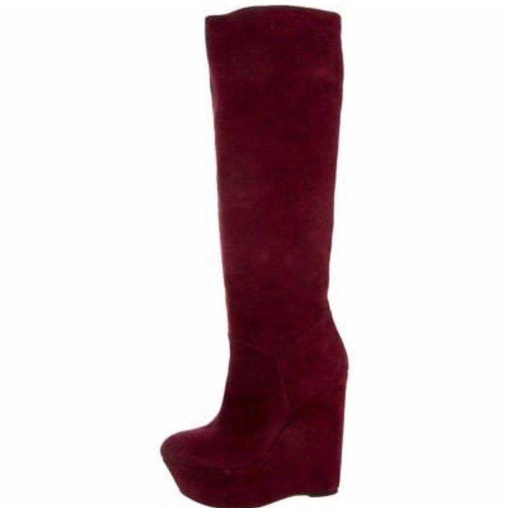 Stuart Weitzman Boots Womens Demiswoon Bordeaux Suede OTK Platform Wedges